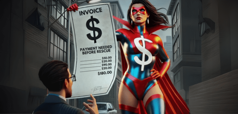 Image of a superhero with an invoice requiring payment before rescue takes place