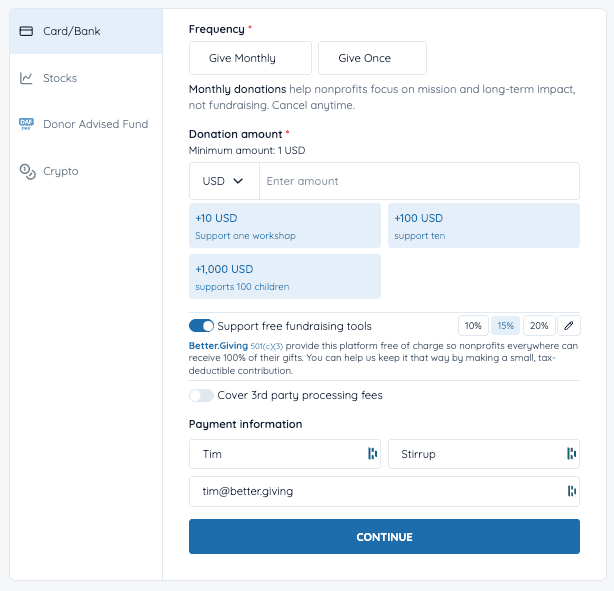 The new donation form showing the simpler optional donation