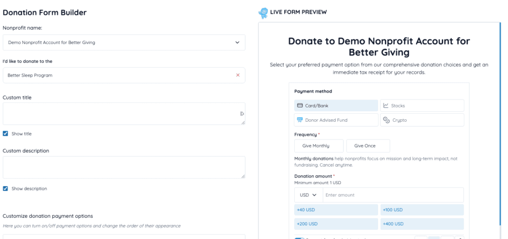 Embedding a program donation form